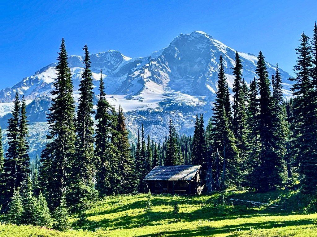 Mountain cabin below Mount Rainier